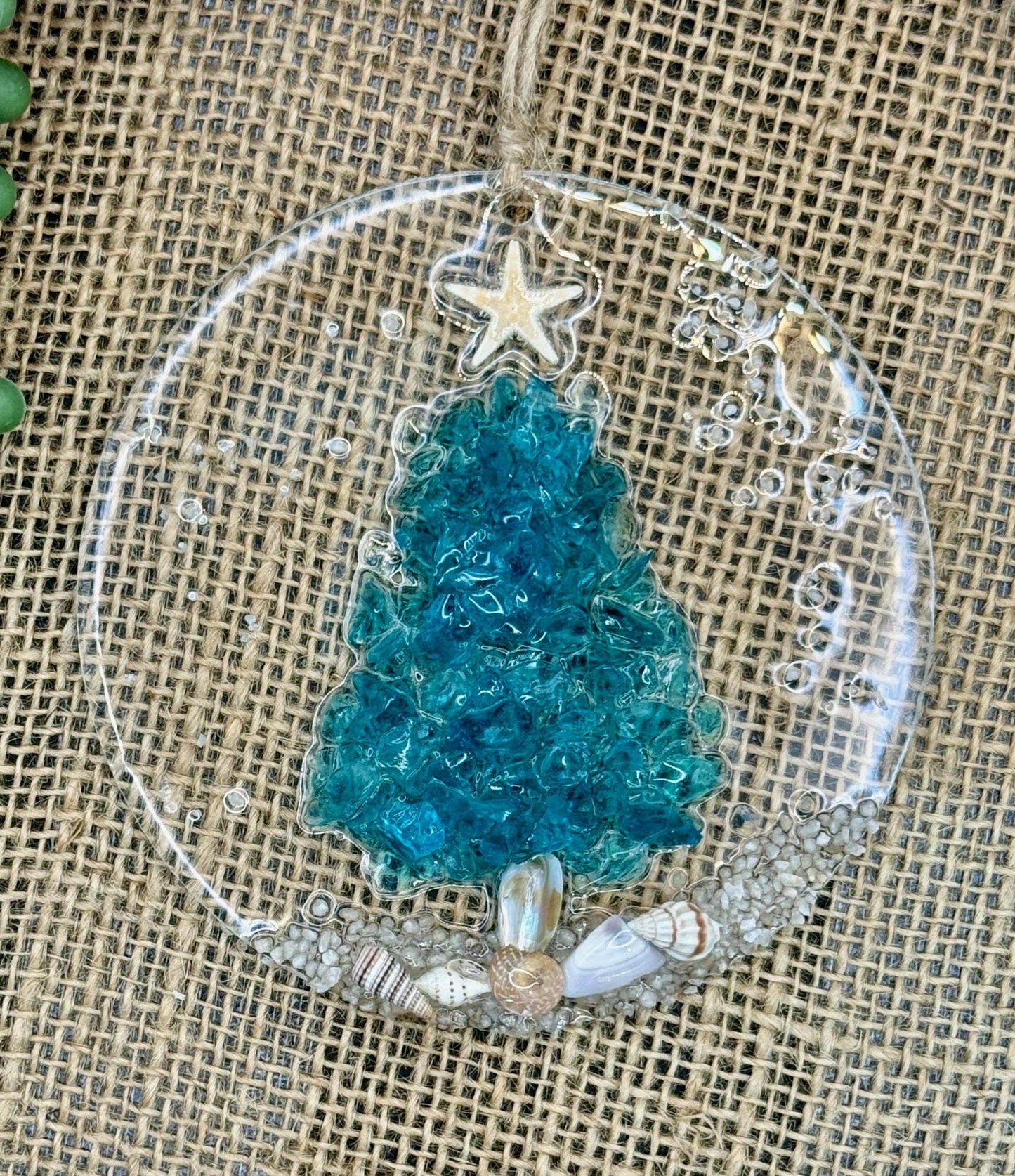 Coastal Christmas Ornament- Turquoise Christmas Tree with shells and Beach