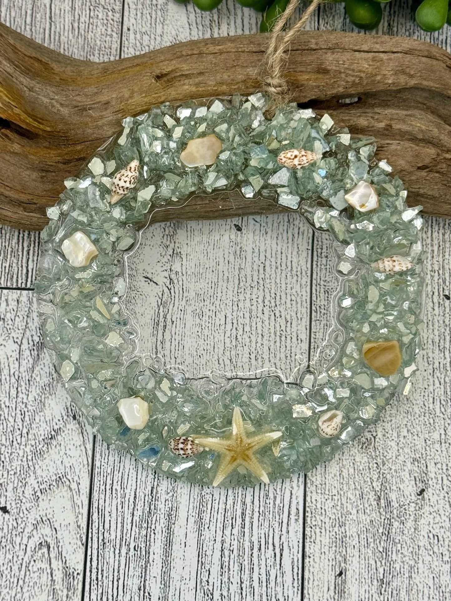 Coastal Christmas Ornament- Aqua Wreath with shells and real starfish, Beachy Christmas, Resin and glass ornament, Handmade art