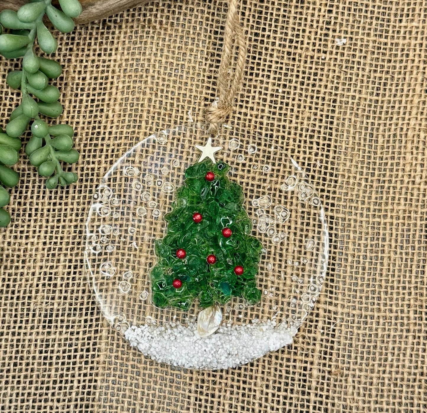 Coastal Christmas Ornament- Green glass Christmas Tree with Berries on  Snow, Beachy Christmas, Handmade resin art, Glass Coastal Ornament