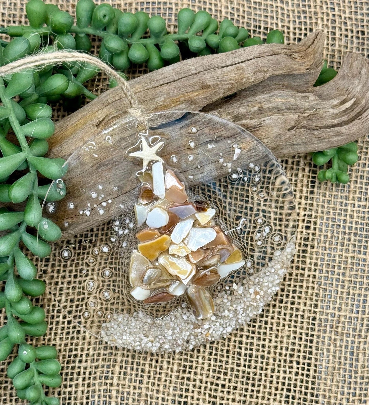 Coastal Christmas Ornament- Shell Christmas Tree with sand , Beachy Christmas ,  starfish, Handmade, glass ornament,Beach,Coastal ornament