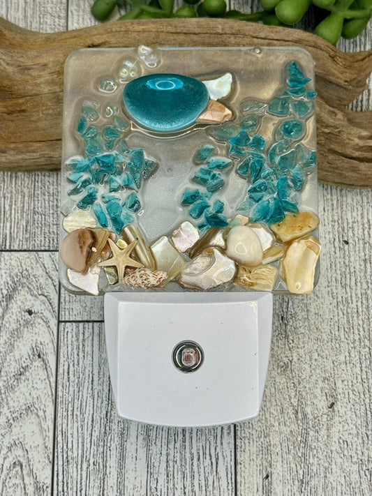 COASTAL Night Light- beachy fish turquoise Glass ,