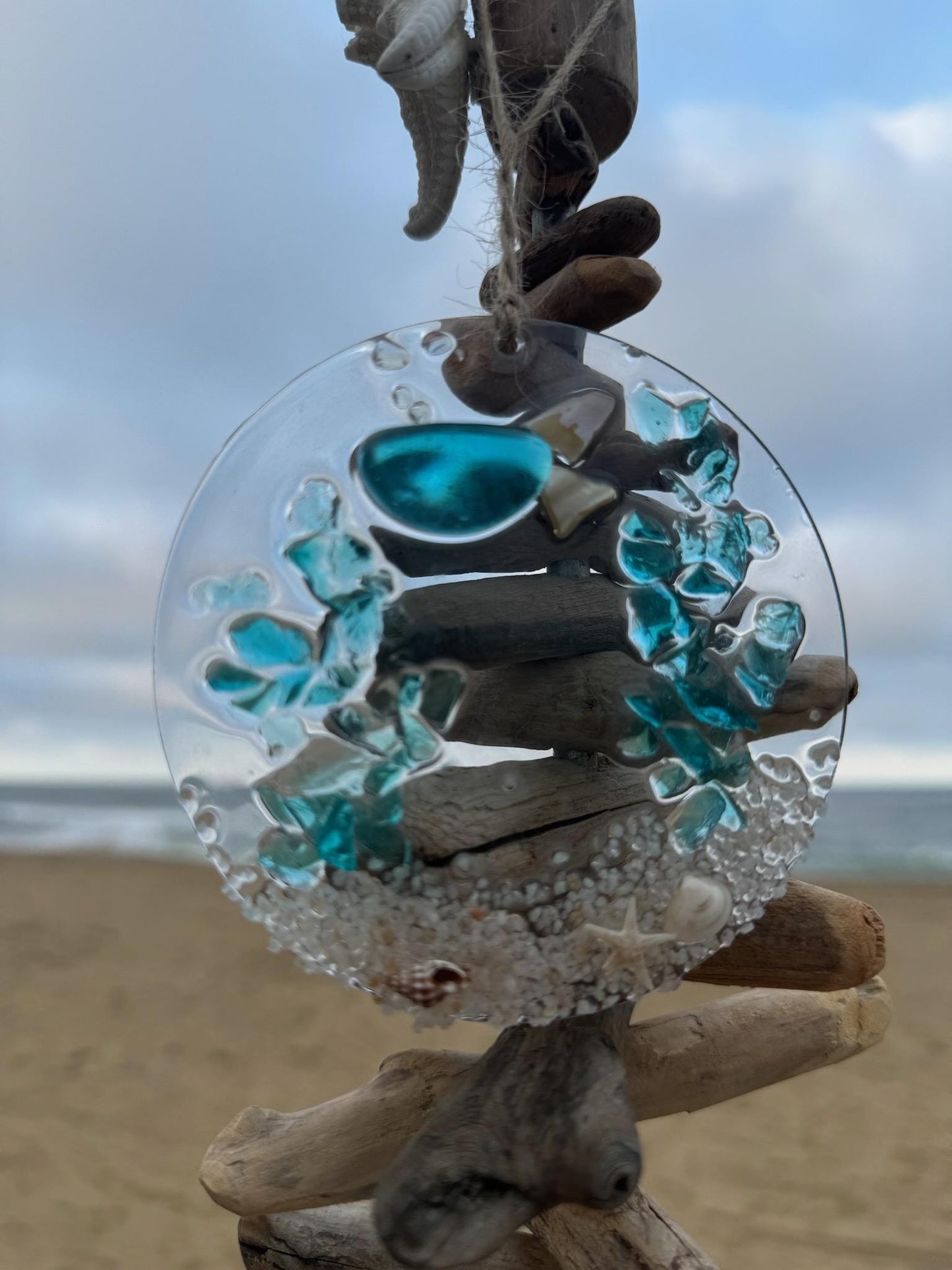 COASTAL Beachy ornament- FISH, turquoise, Glass ,resin art, shells, starfish , Coastal Suncatcher