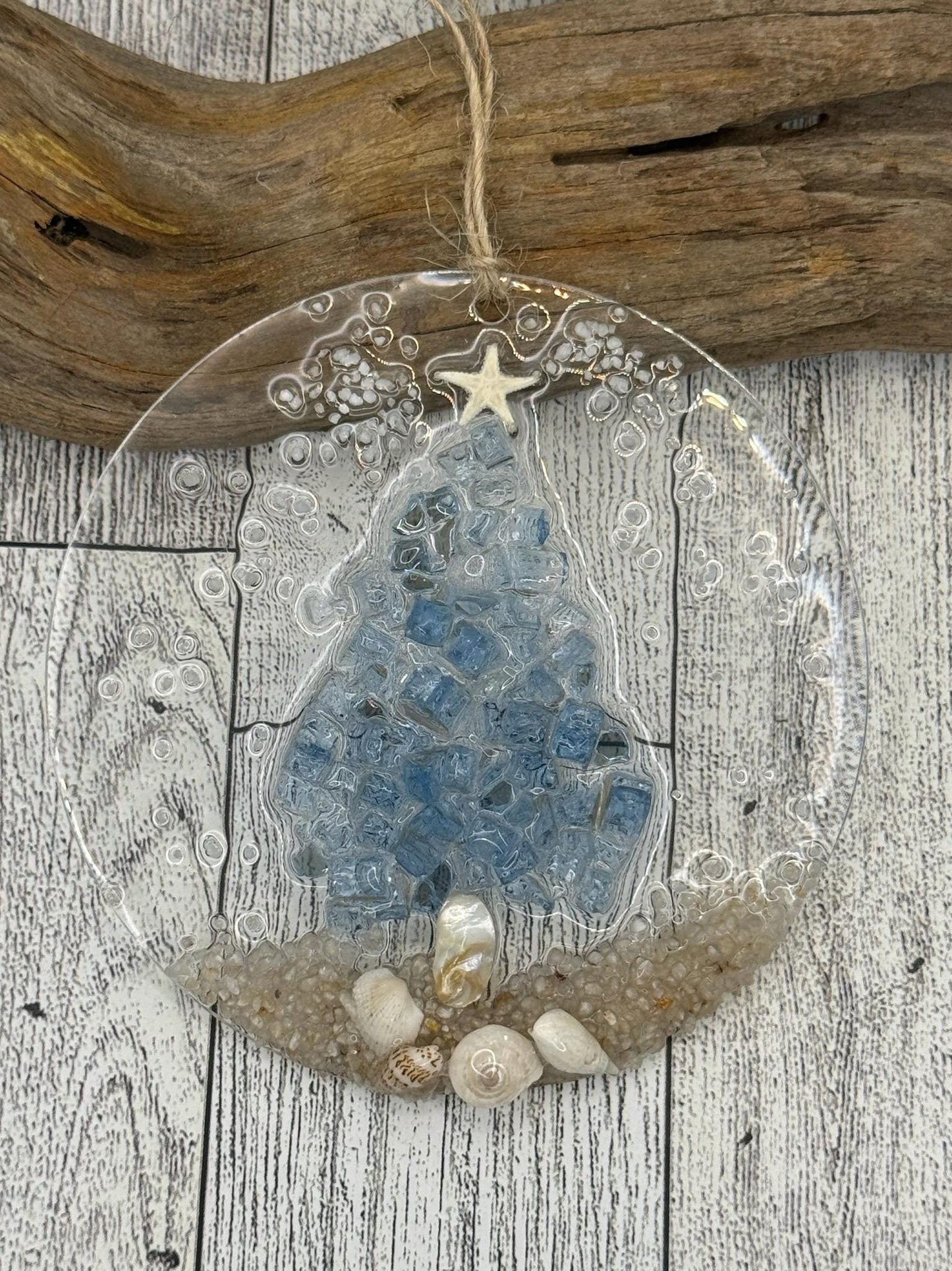 Coastal Christmas Ornament- OCEAN BLUE Christmas Tree with shells and Beach, resin art, sand, starfish