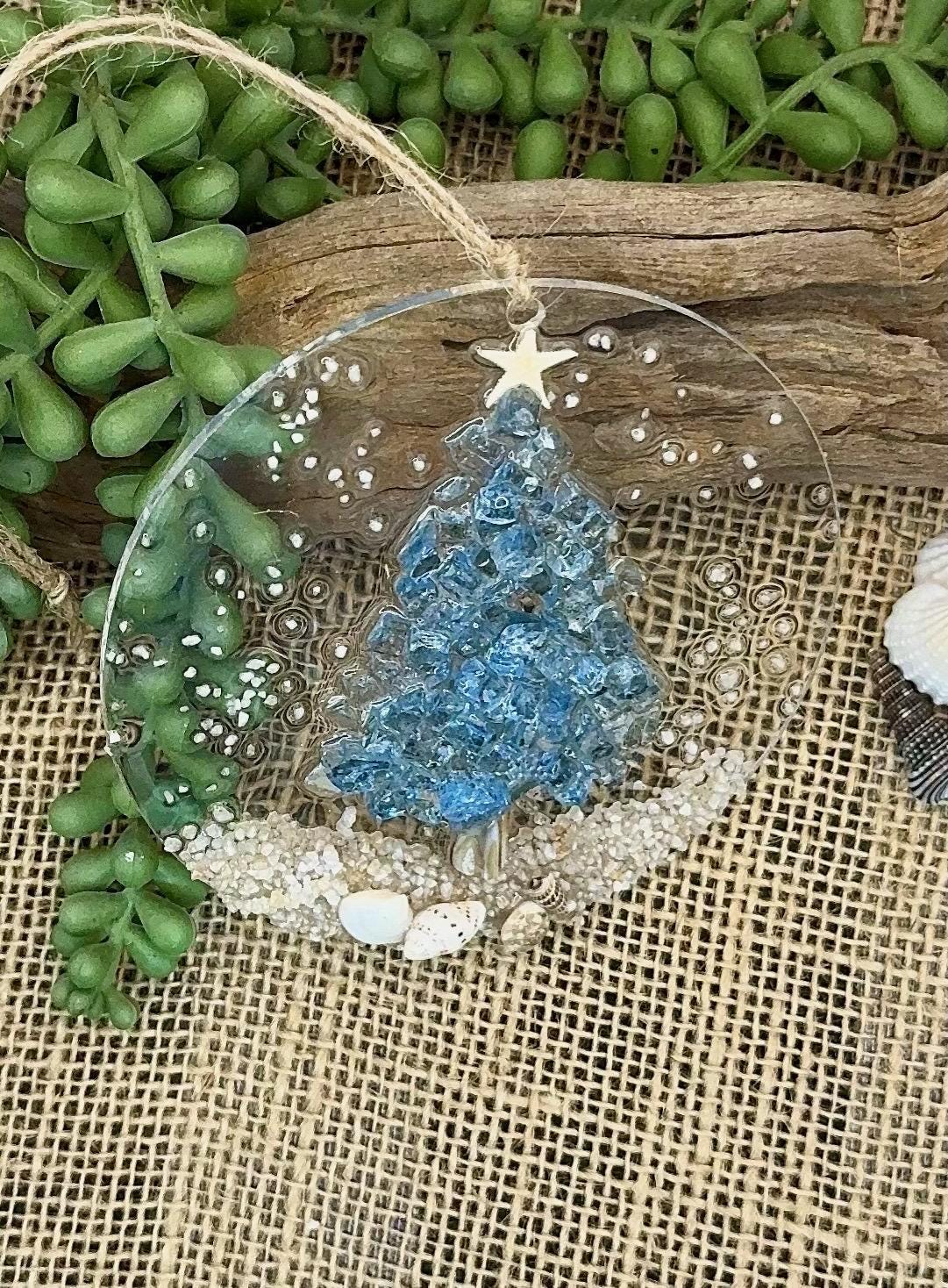 Coastal Christmas Ornament- OCEAN BLUE Christmas Tree with shells and Beach, resin art, sand, starfish