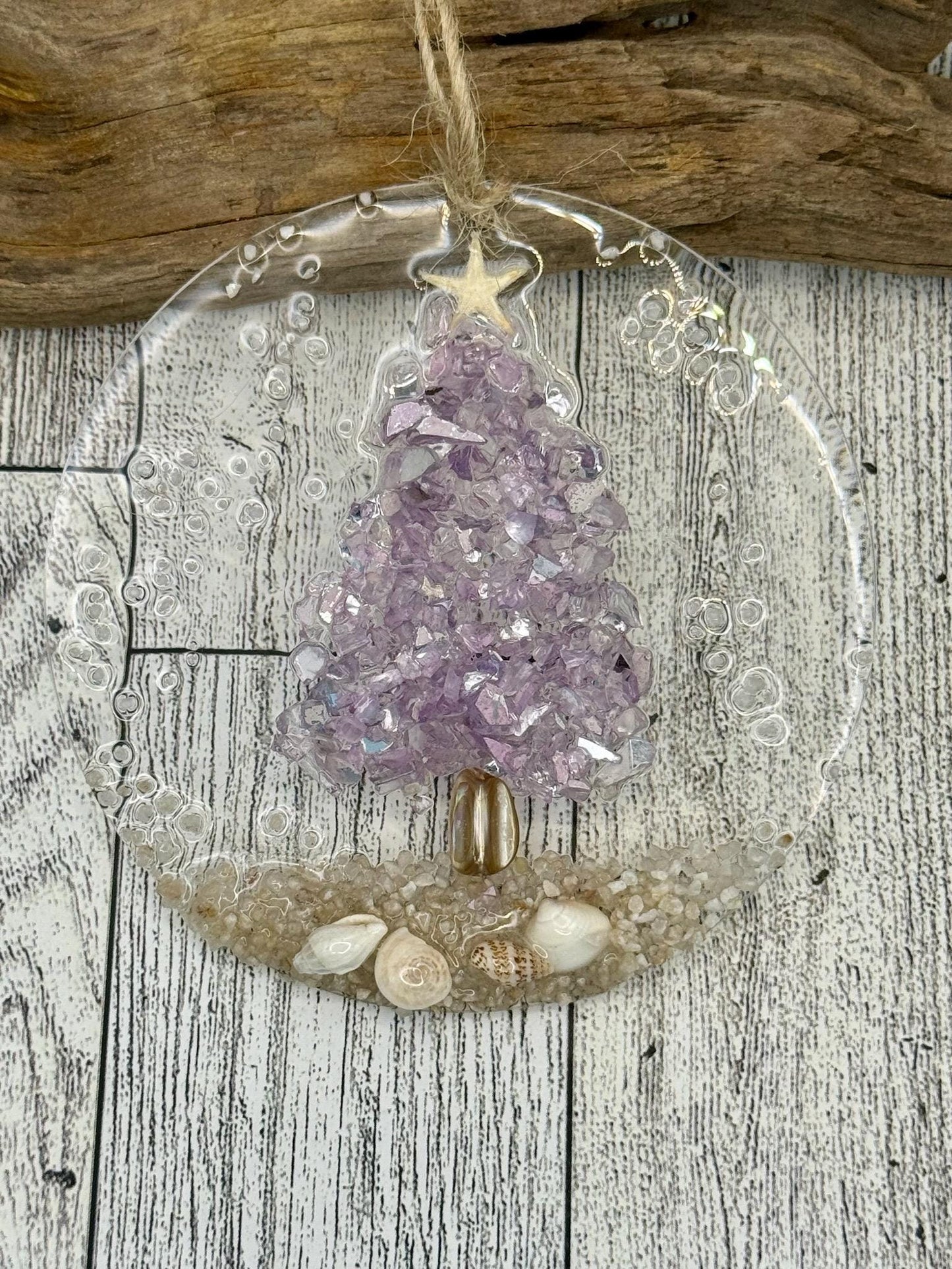 Coastal Christmas Ornament- LAVENDAR Christmas Tree with shells and Beach, resin art, sand, starfish