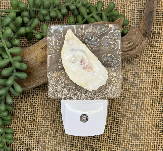 COASTAL Night Light- OYSTER shell  with beach and pearl , Beachy piece, handmade, resin art