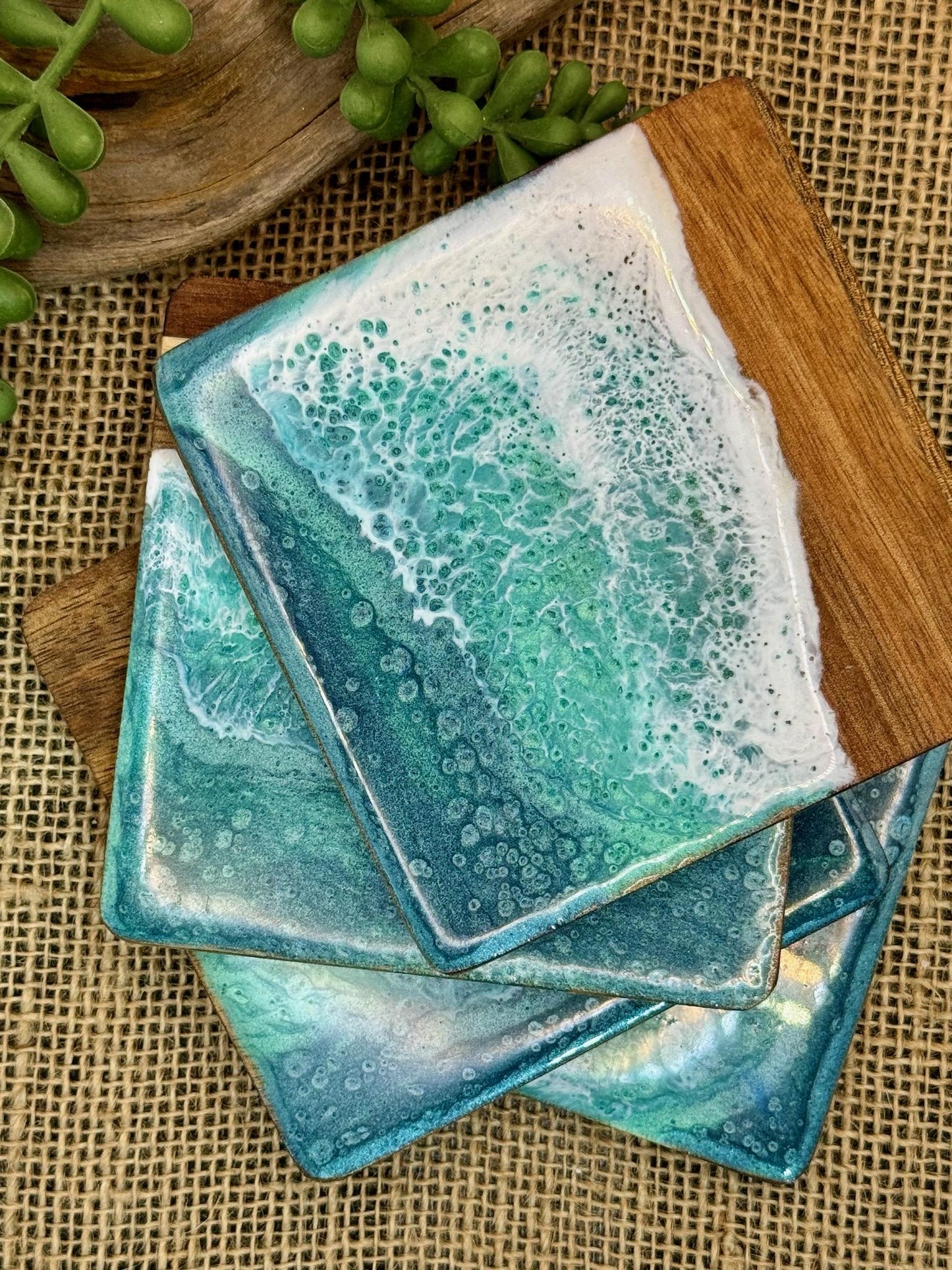 OCEAN WAVES COASTERS in resin, ocean blue, wooden, handmade