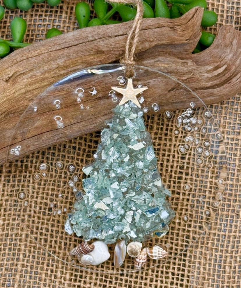 Coastal Christmas Ornament- Aqua  Christmas Tree w/ shells , Beachy Christmas,starfish, Handmade, glass ornament,resin art, Beachy ornament