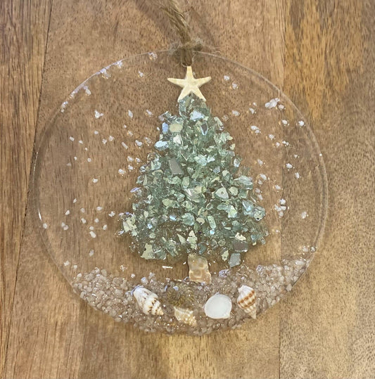 Coastal Christmas Ornament- Aqua Christmas Tree with shells and Beach, Beachy Christmas, Resin and glass ornament, Handmade