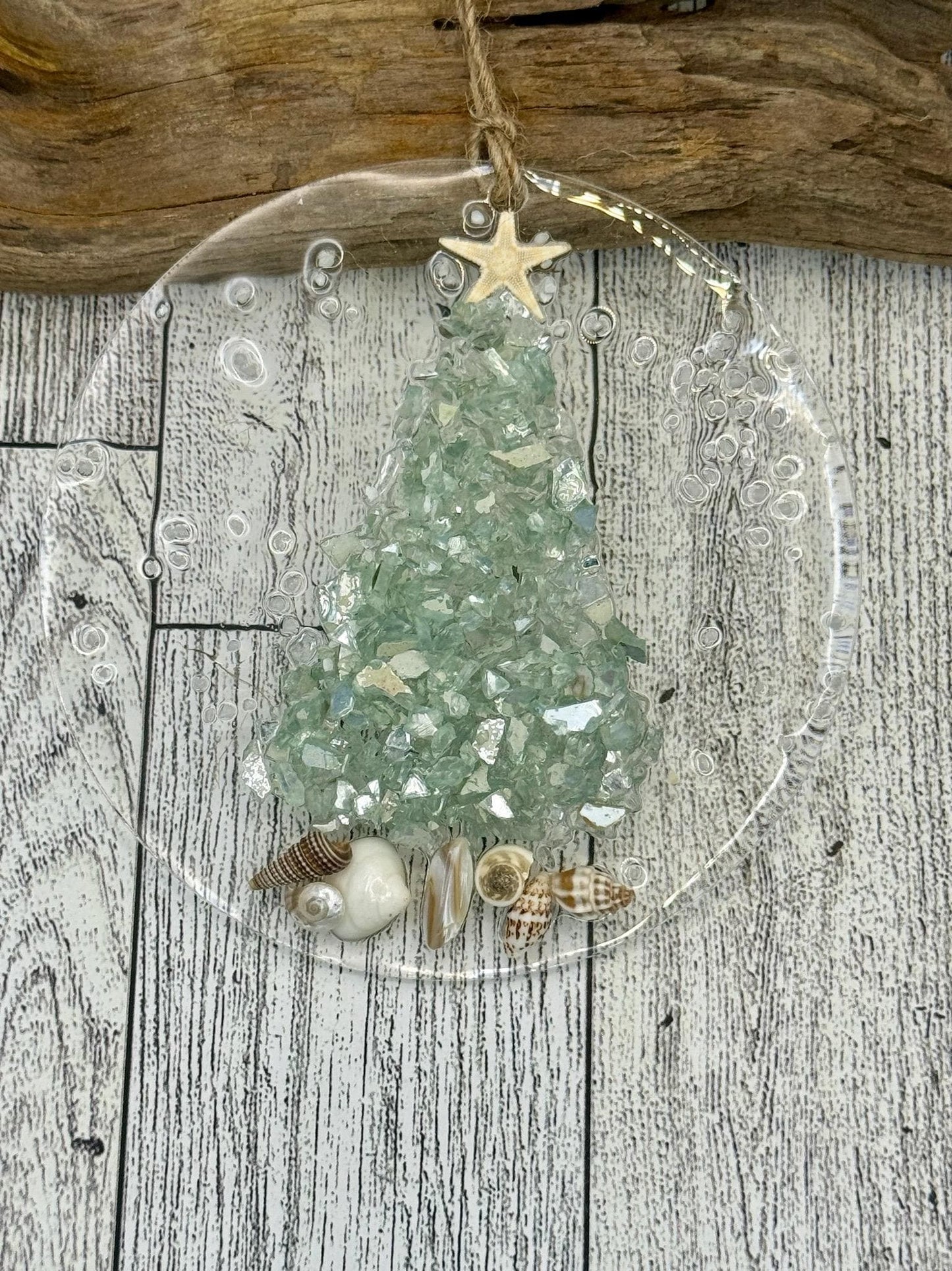 Coastal Christmas Ornament- Aqua  Christmas Tree w/ shells , Beachy Christmas,starfish, Handmade, glass ornament,resin art, Beachy ornament