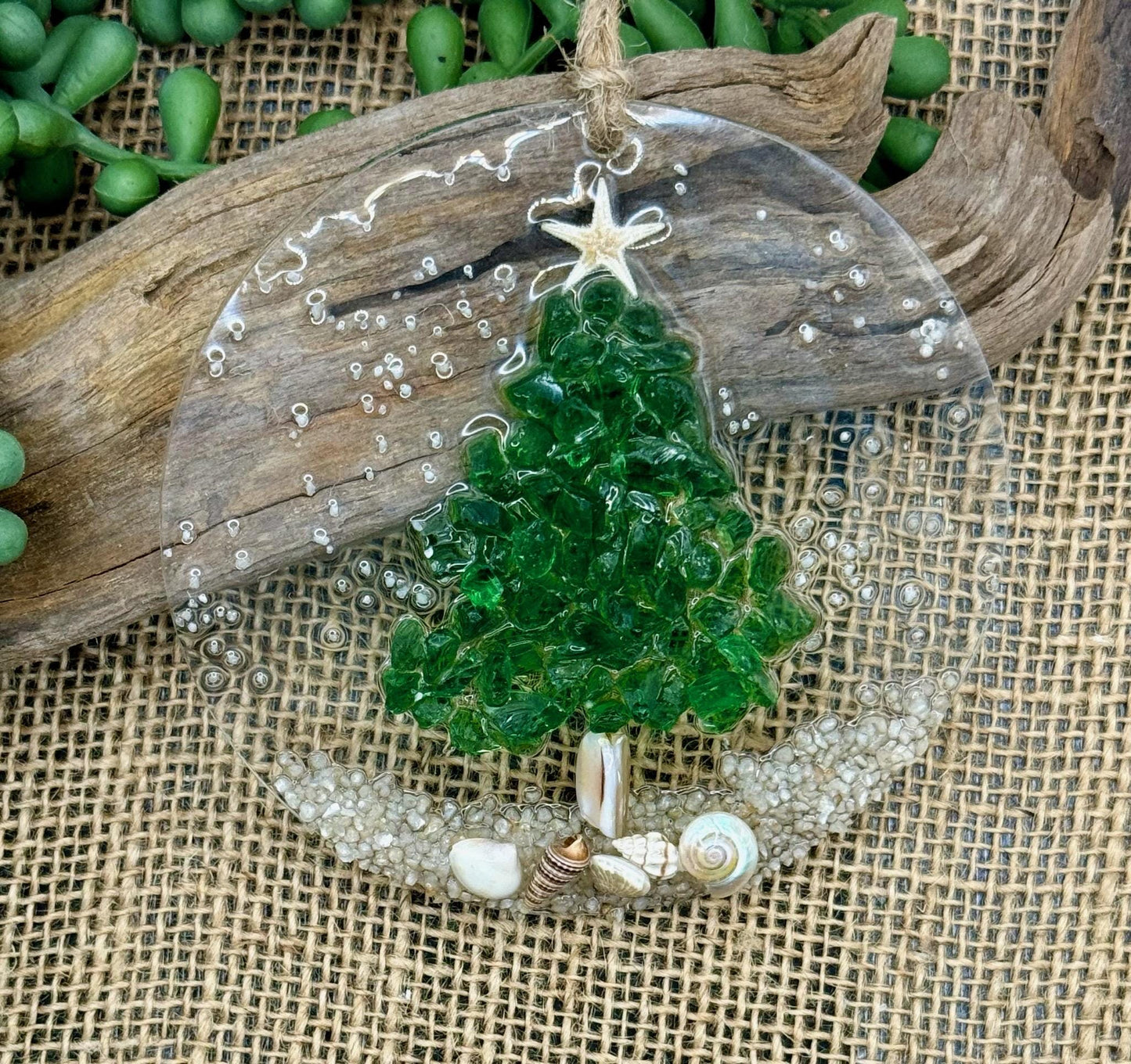 Coastal Christmas Ornament- Green Glass Christmas Tree with shells and Beach, Beachy Christmas ornament, Handmade, Resin and Glass ornament