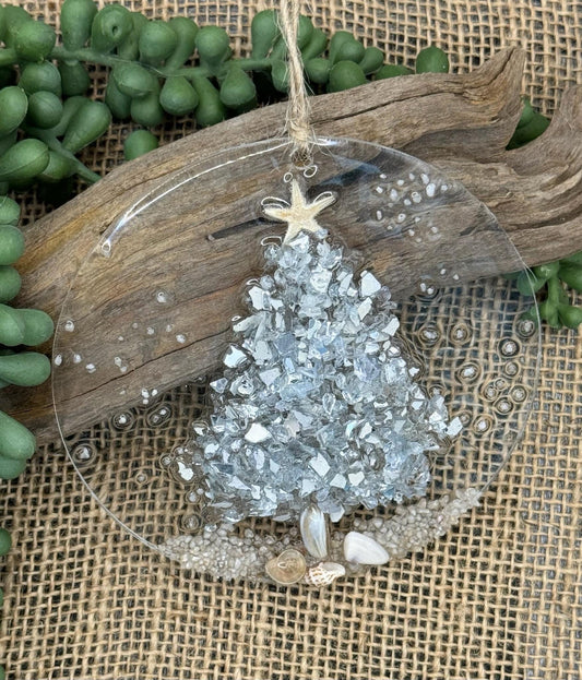 Coastal Christmas Ornament- Silver Christmas Tree with shells and Beach