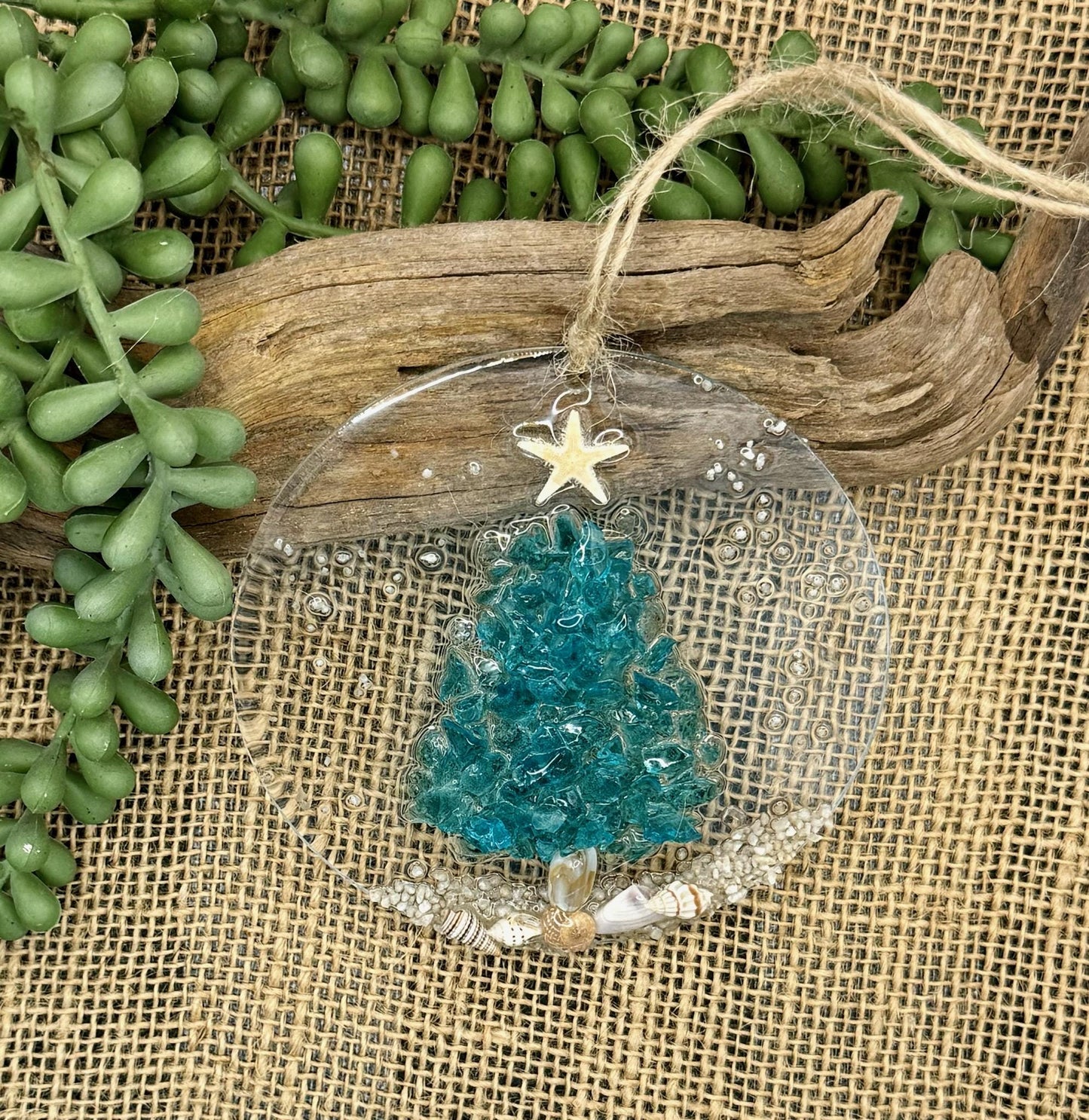 Coastal Christmas Ornament- Turquoise Christmas Tree with shells and Beach