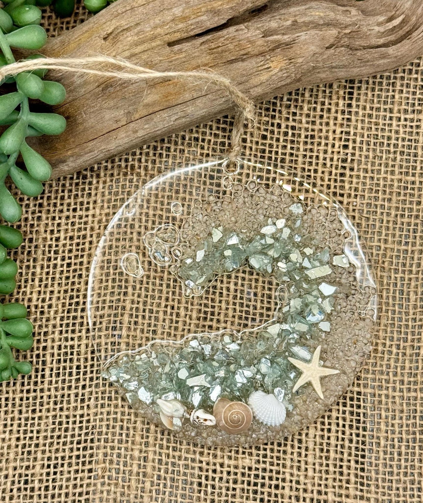 Coastal Suncatcher/ Ornament- Aqua Coastal WAVE with shells