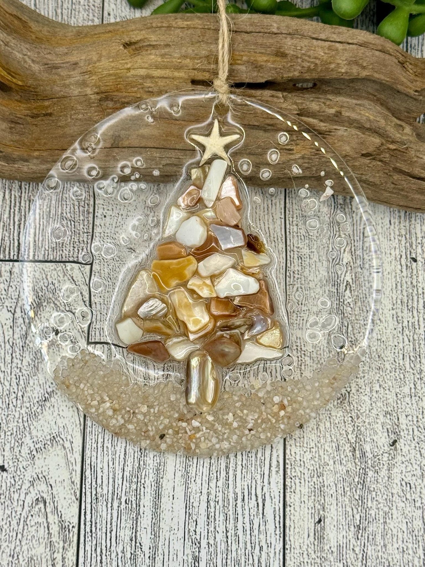 Coastal Christmas Ornament- Shell Christmas Tree with sand , Beachy Christmas ,  starfish, Handmade, glass ornament,Beach,Coastal ornament