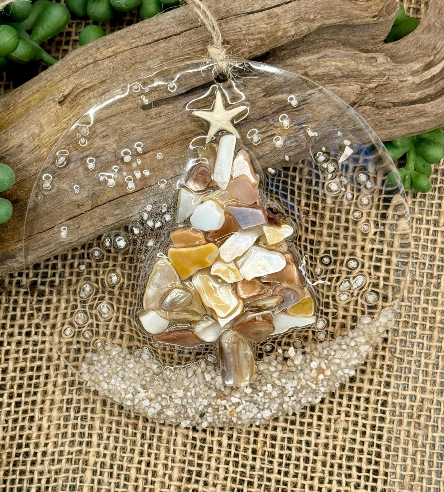 Coastal Christmas Ornament- Shell Christmas Tree with sand , Beachy Christmas ,  starfish, Handmade, glass ornament,Beach,Coastal ornament