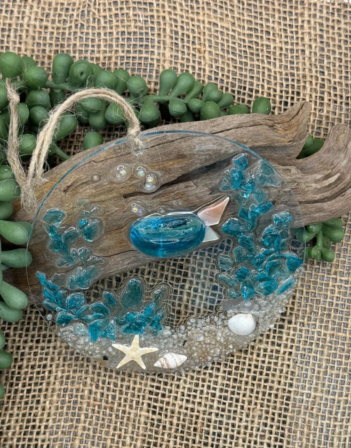 COASTAL Beachy ornament- FISH, turquoise, Glass ,resin art, shells, starfish , Coastal Suncatcher