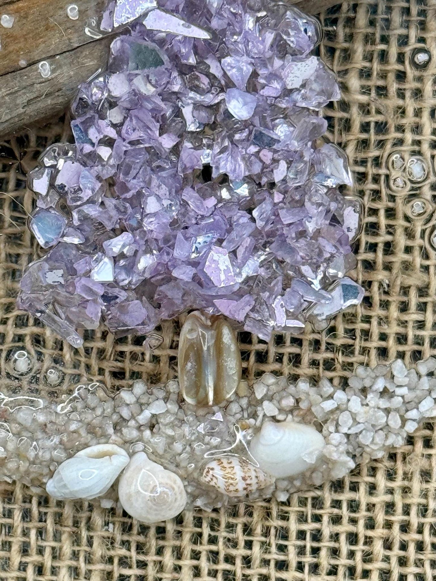 Coastal Christmas Ornament- LAVENDAR Christmas Tree with shells and Beach, resin art, sand, starfish