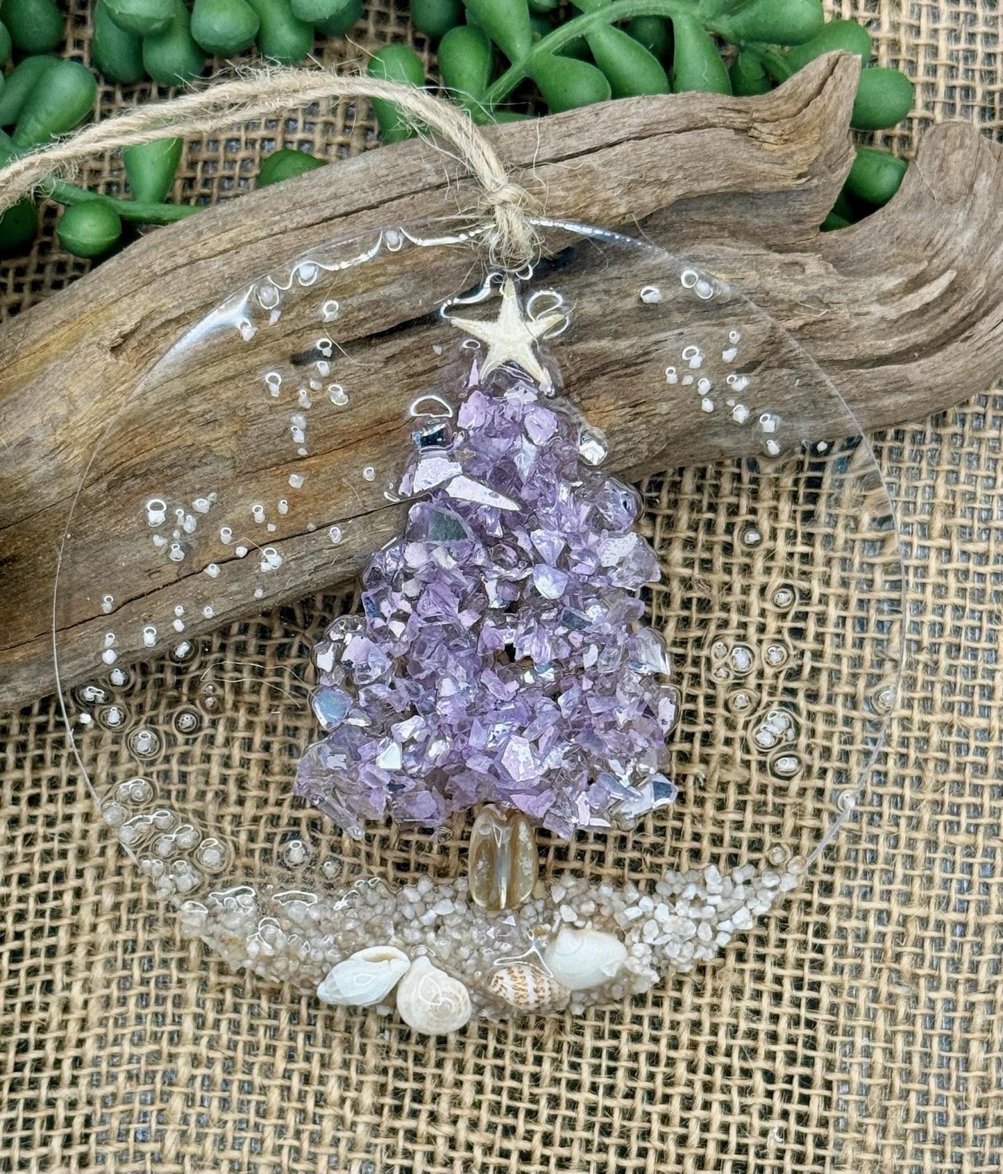 Coastal Christmas Ornament- LAVENDAR Christmas Tree with shells and Beach, resin art, sand, starfish