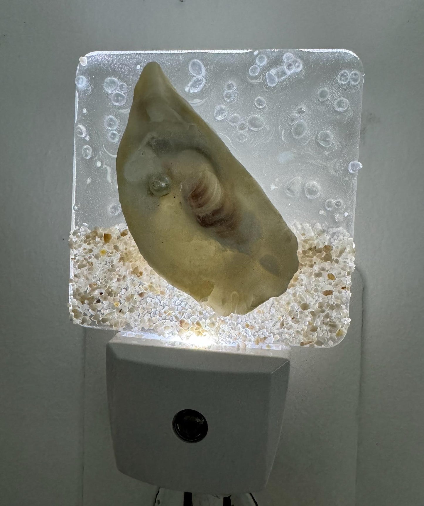 COASTAL Night Light- OYSTER shell  with beach and pearl , Beachy piece, handmade, resin art