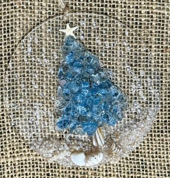 Coastal Christmas Ornament- OCEAN BLUE Christmas Tree with shells and Beach, resin art, sand, starfish