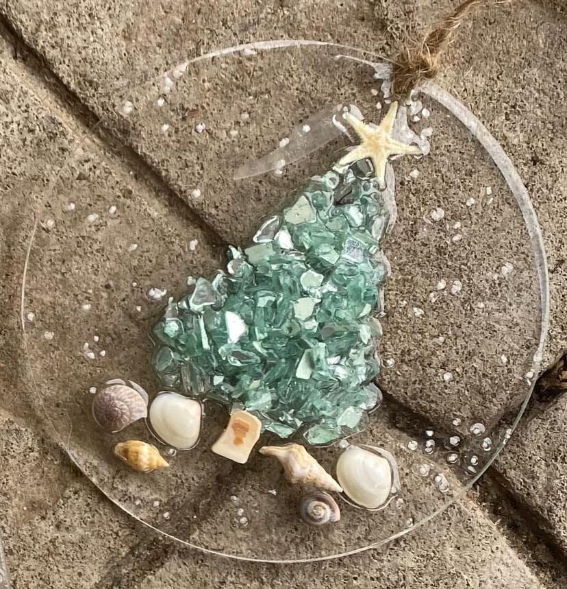 Coastal Christmas Ornament- Aqua  Christmas Tree w/ shells , Beachy Christmas,starfish, Handmade, glass ornament,resin art, Beachy ornament