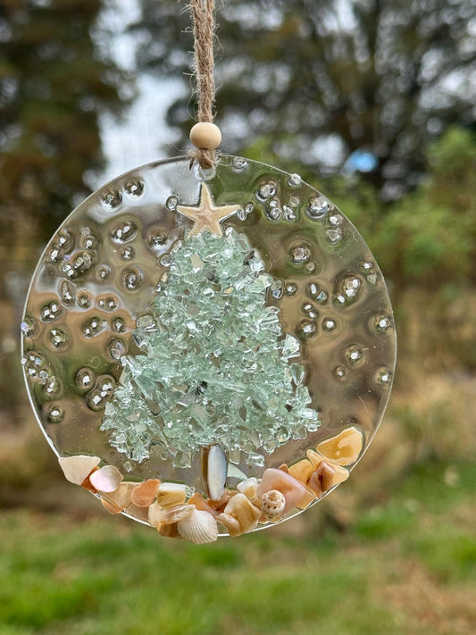 Coastal Christmas Ornament- Aqua Christmas Tree with iridescent crushed  shell Beach, Beachy Christmas, Resin and glass ornament, Handmade