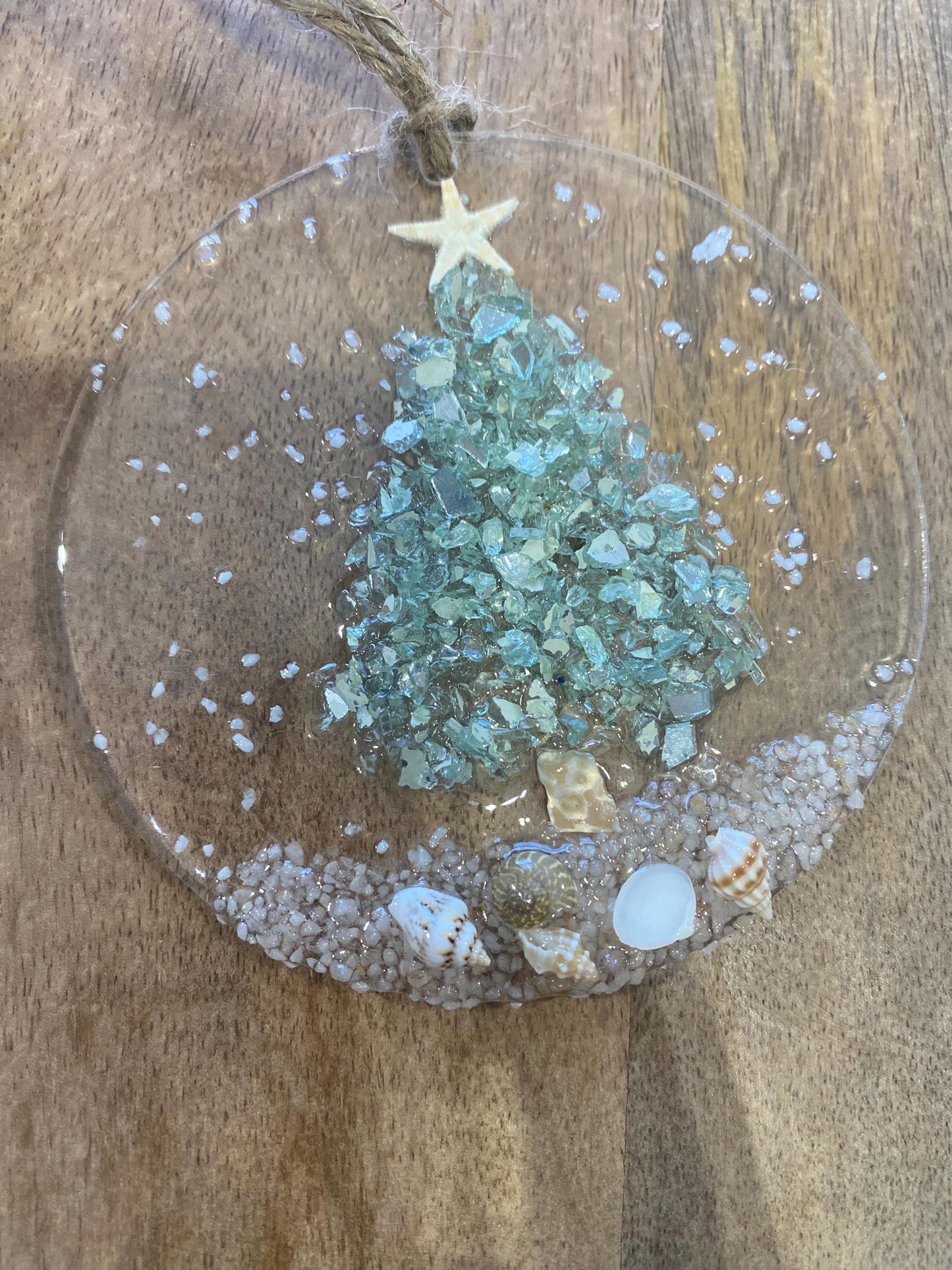 Coastal Christmas Ornament- Aqua Christmas Tree with shells and Beach, Beachy Christmas, Resin and glass ornament, Handmade