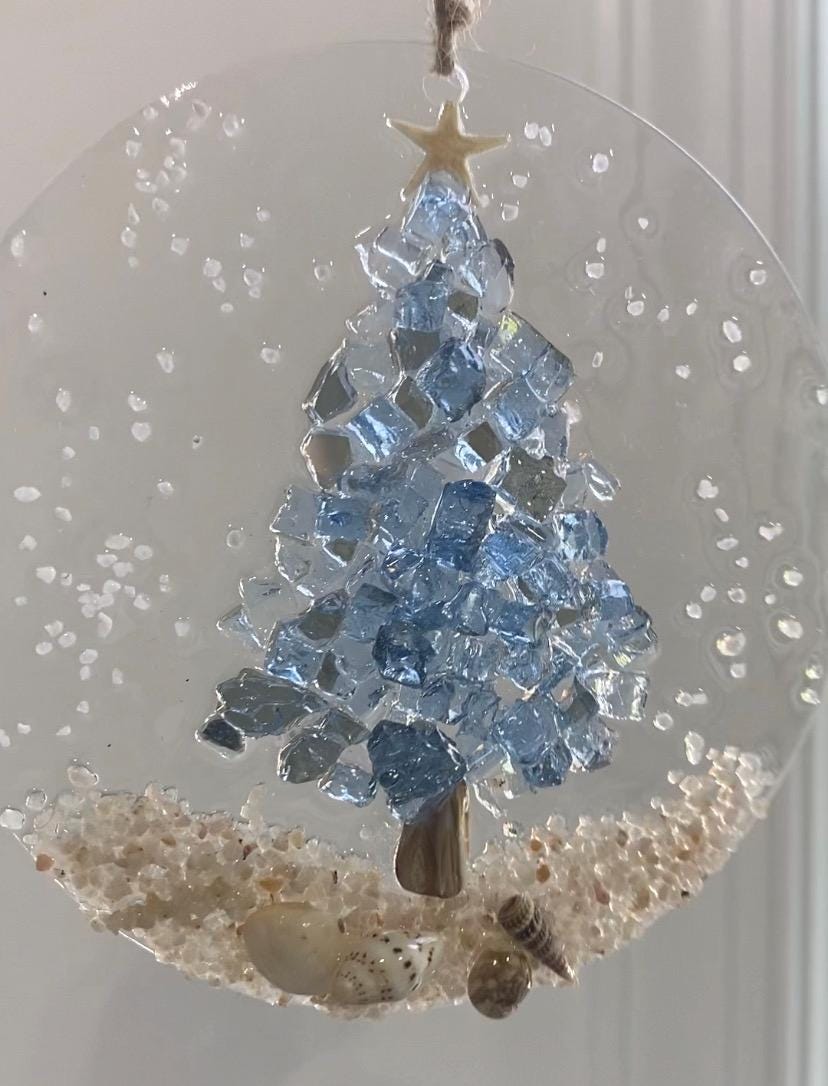 Coastal Christmas Ornament- OCEAN BLUE Christmas Tree with shells and Beach, resin art, sand, starfish