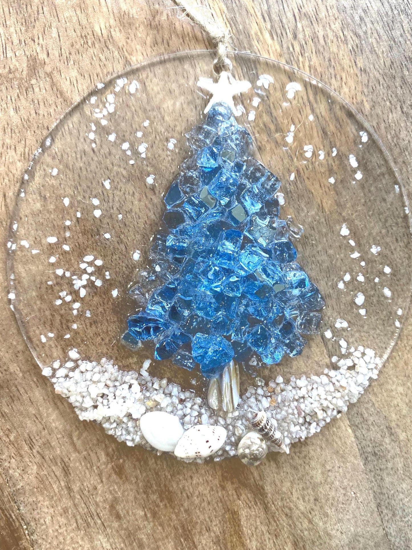 Coastal Christmas Ornament- OCEAN BLUE Christmas Tree with shells and Beach, resin art, sand, starfish