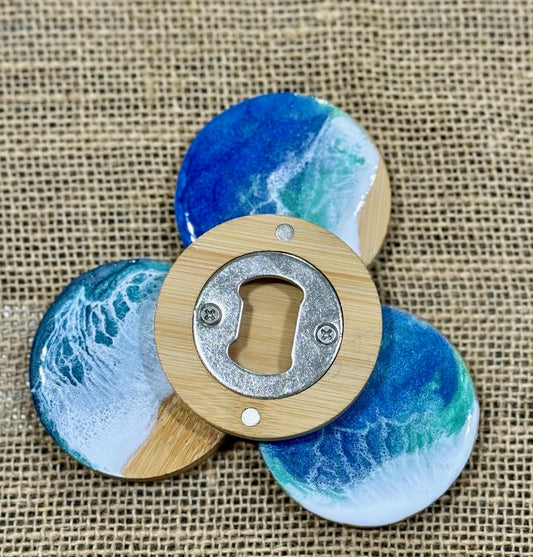 Bottle Opener in Ocean Resin, Magnetic, Coaster, wood, , handmade, resin art, bar accessory