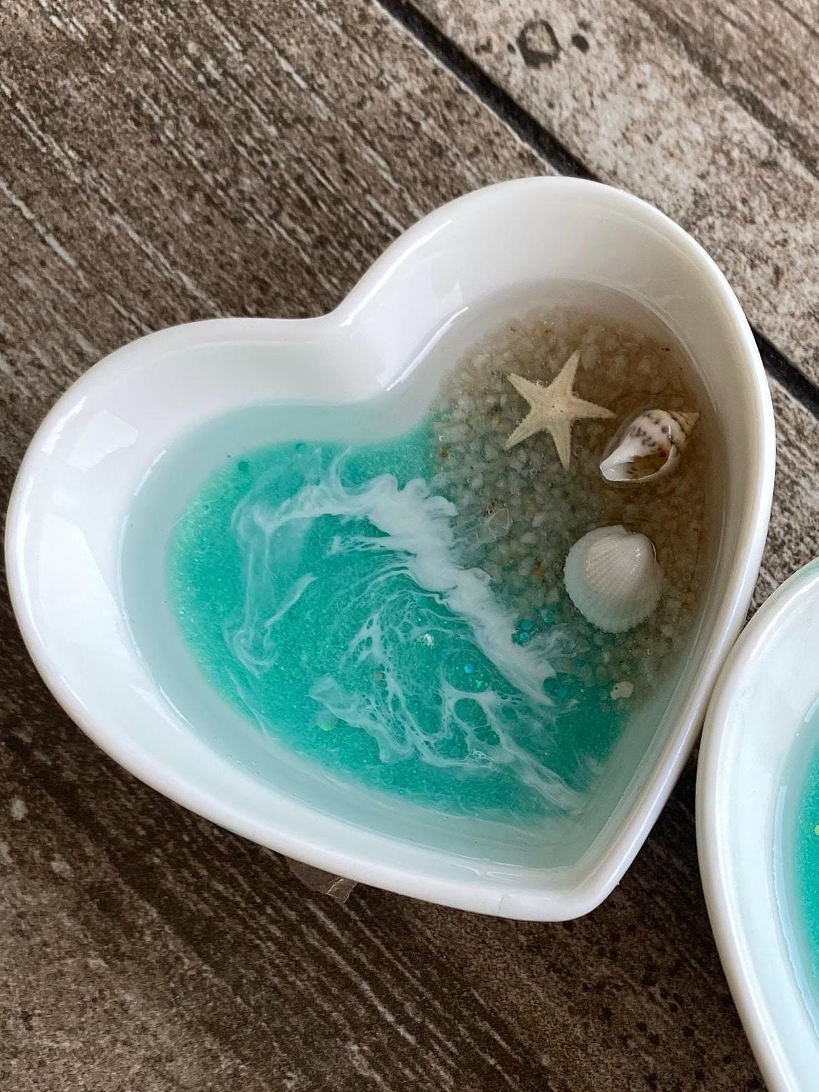 Ceramic  OCEAN Heart Ring/ Trinket Dish with Seafoam  resin ocean and beach