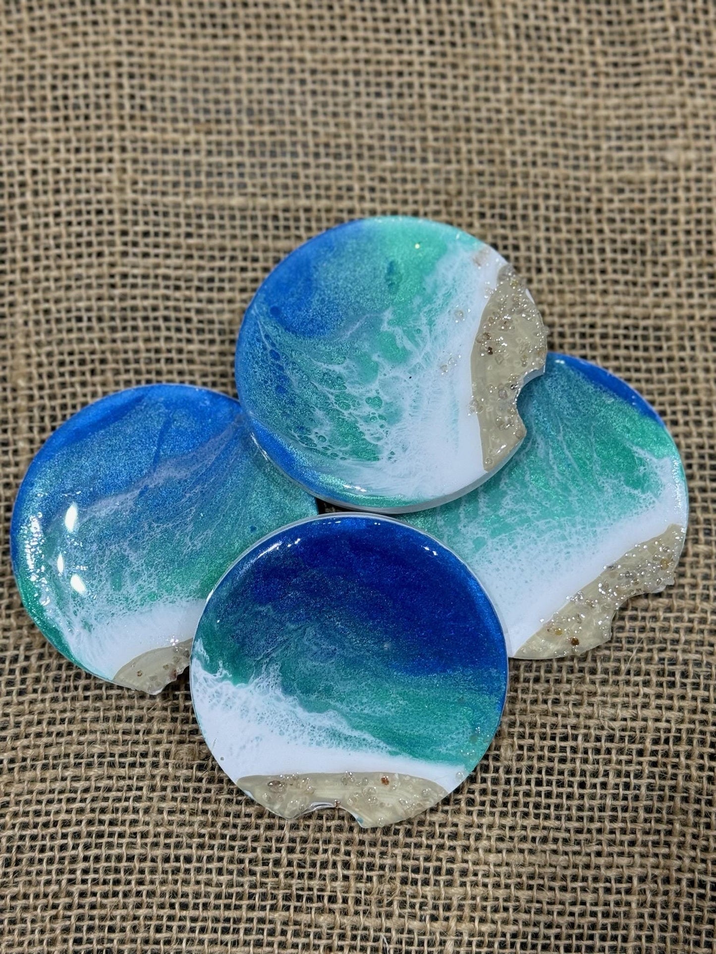 Car Coasters in Ocean Resin, absorbent coasters, handmade, resin art, car accessory